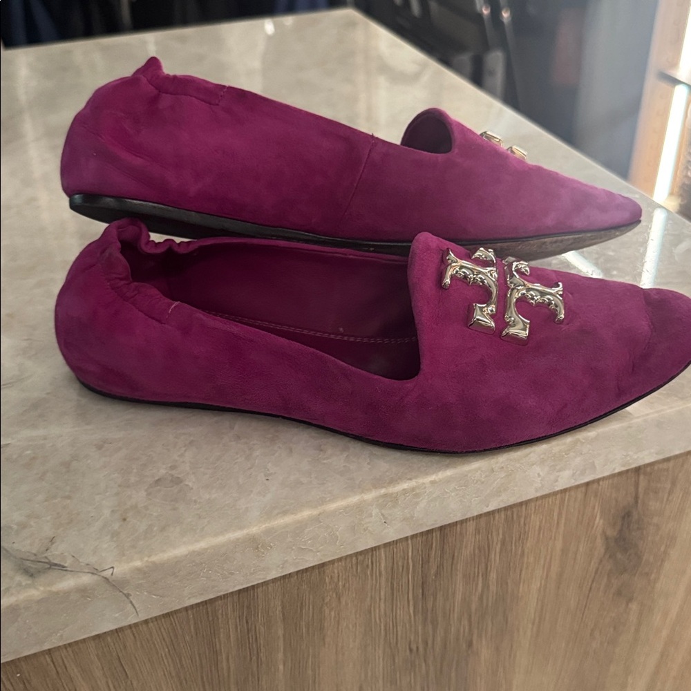 Tory Burch Fuchsia Suede Logo Loafers - Picture 2 of 5